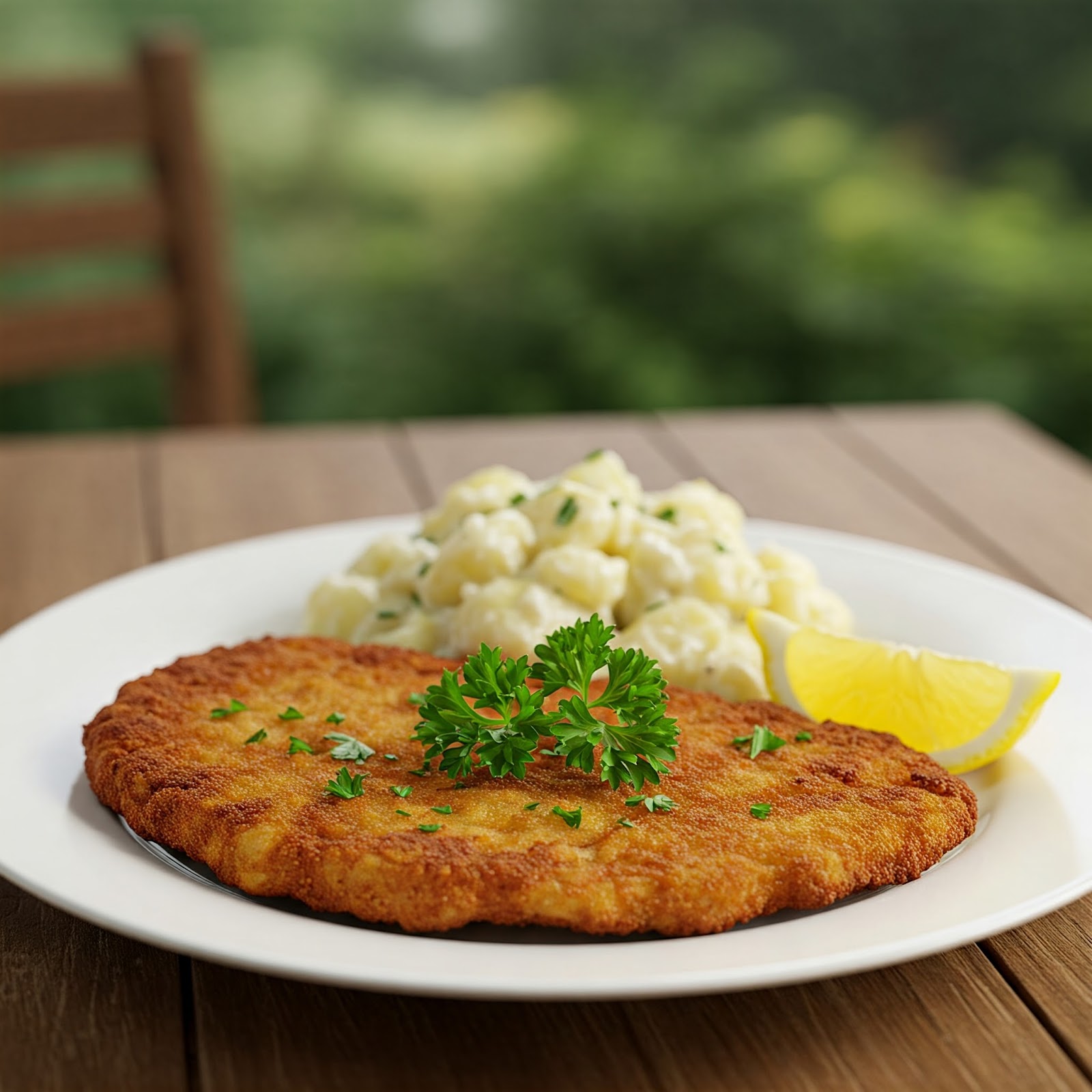 turkey schnitzel being served in a white ceramic plate with some creamy corns and lemon wedges garnished with parsley