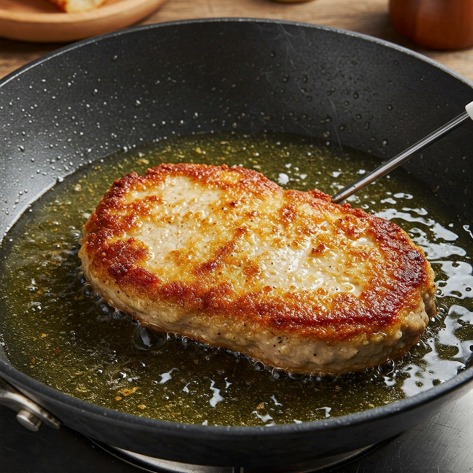 pork cutlet being fried in oil in a pan