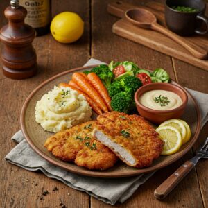 pork cutlets being served with vegetables