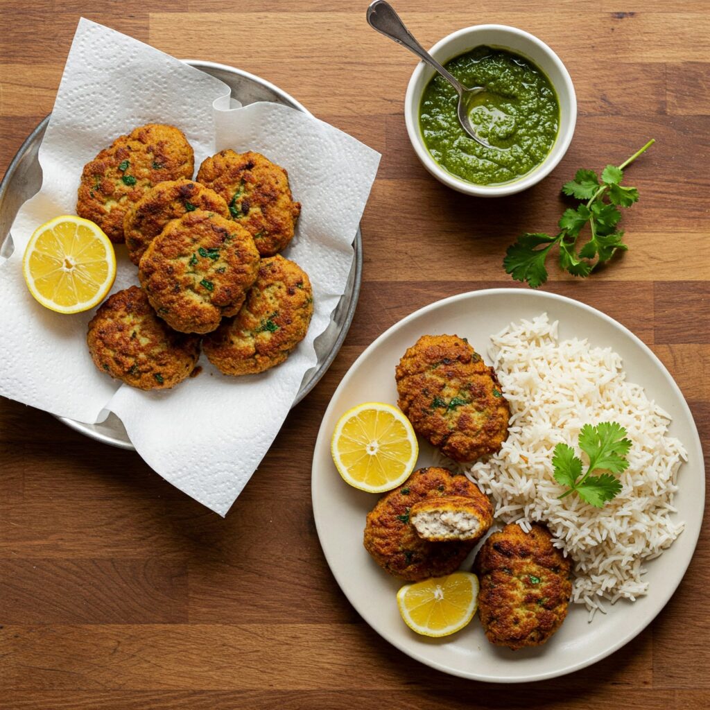 indian style turkey cutlets being served with a rice along with green corriander chutney