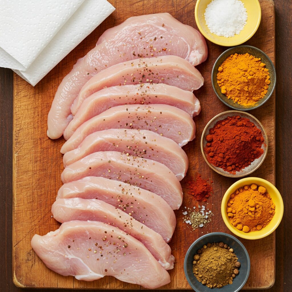 Raw Turkey cutlets seasoned with salt, pepper, and half of the cumin, coriander, turmeric, garam masala, and chili powder.