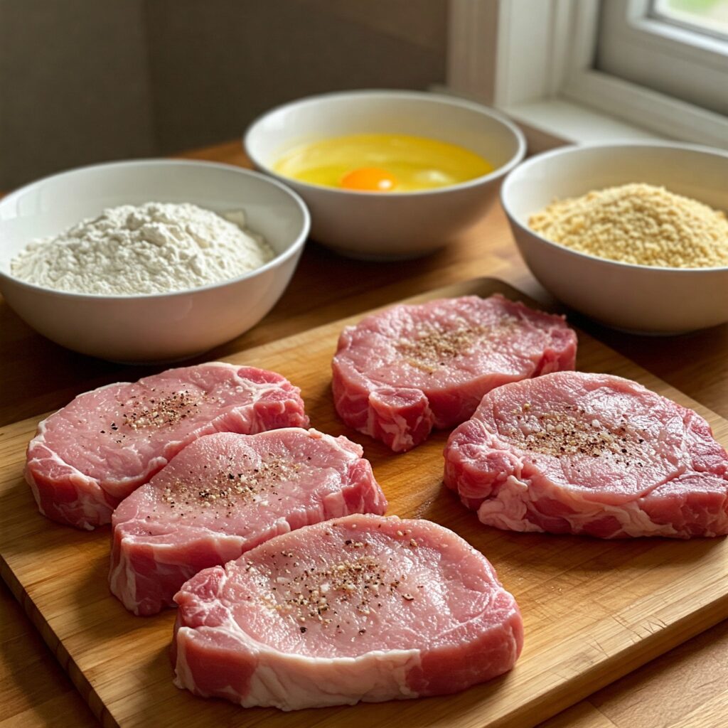 showing ingredients to coat raw pork cutlets. 