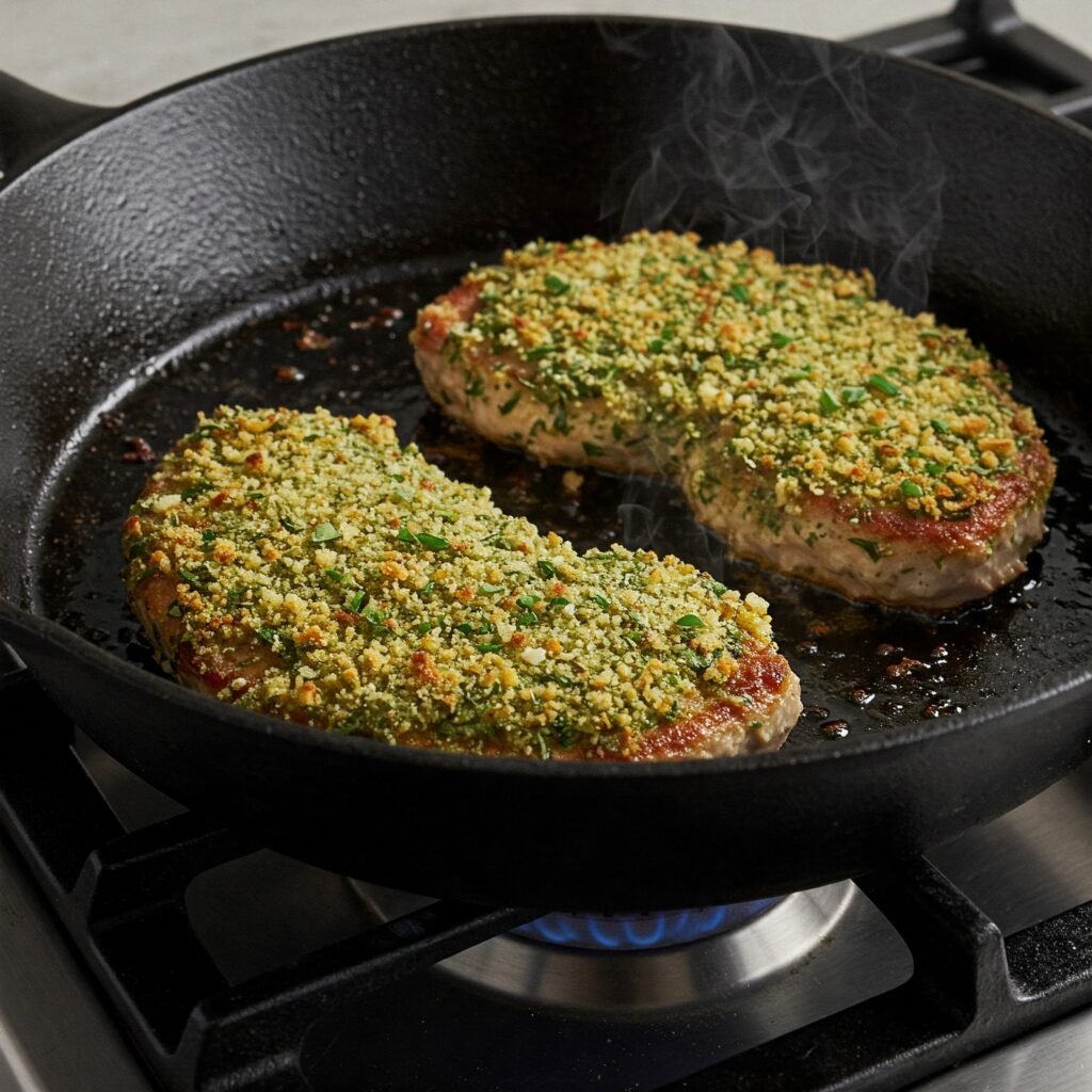 herb crusted pork cutlets being fried in a pan 