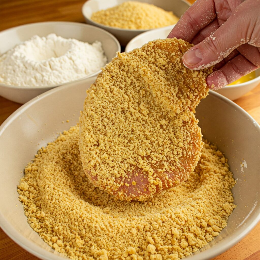 raw pork cutlet being breaded with egg. flour and bread crumbs