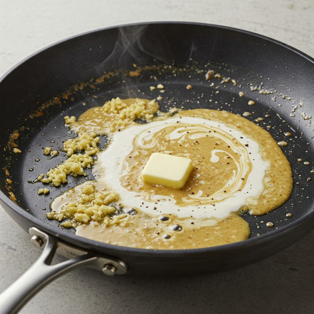 creamy sauce being prepared with butter, chopped garlic, heavy cream and Dijon mustard