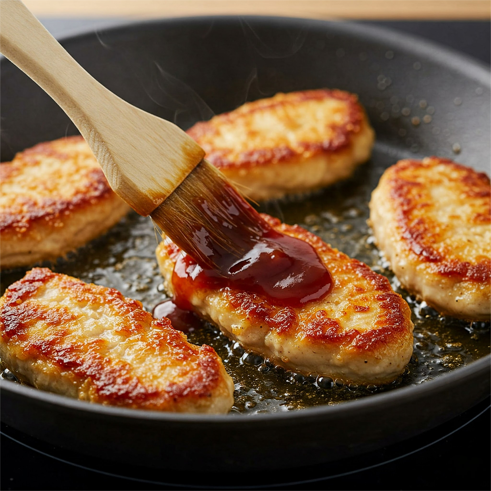 breaded chicken cutlets being fried in a pan being brushed with barbecue sauce