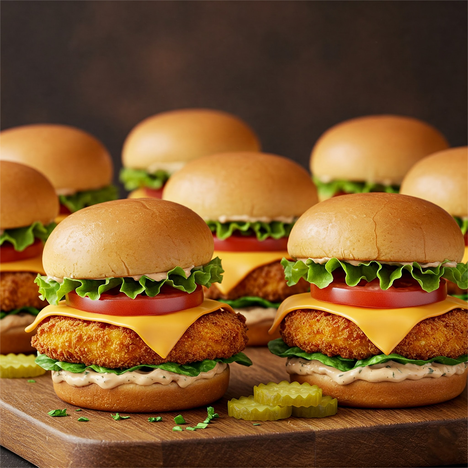 chicken cutlets sliders placed on a wooden board