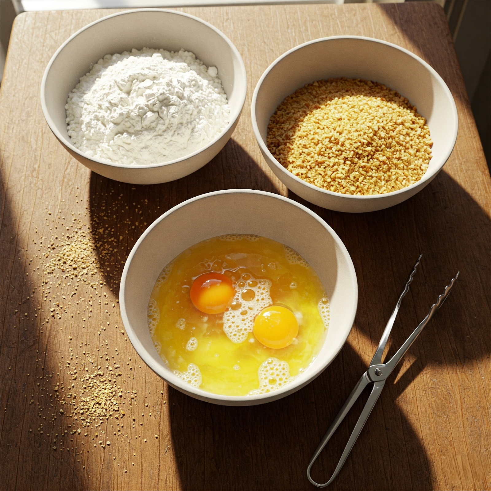 3 bowls placed on a wooden tale one with flour, beaten egg in another, and breadcrumbs in a third bowl.
