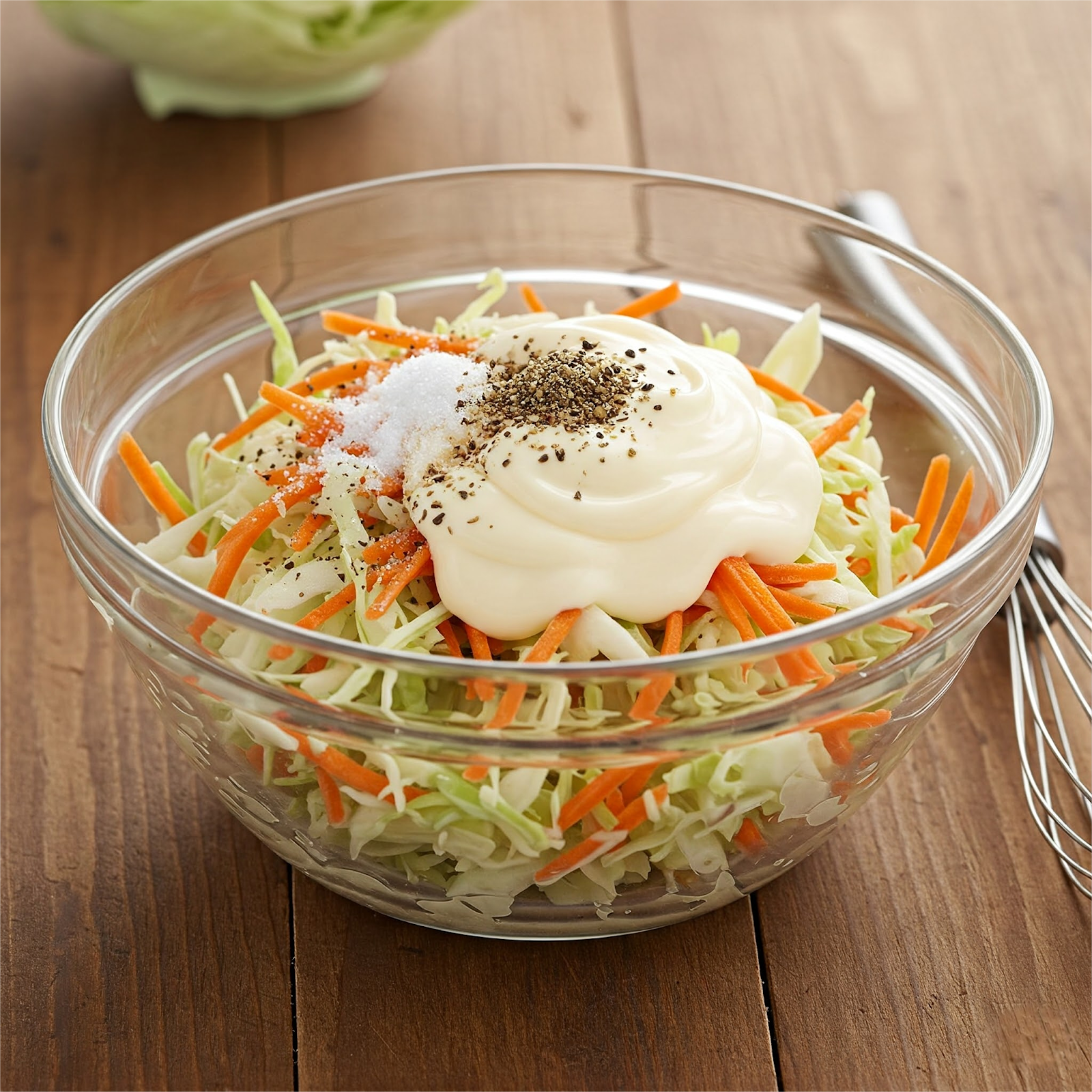 in a bowl cabbage, carrots, mayo, vinegar, sugar, salt, and pepper are being combined to prepare coleslaw