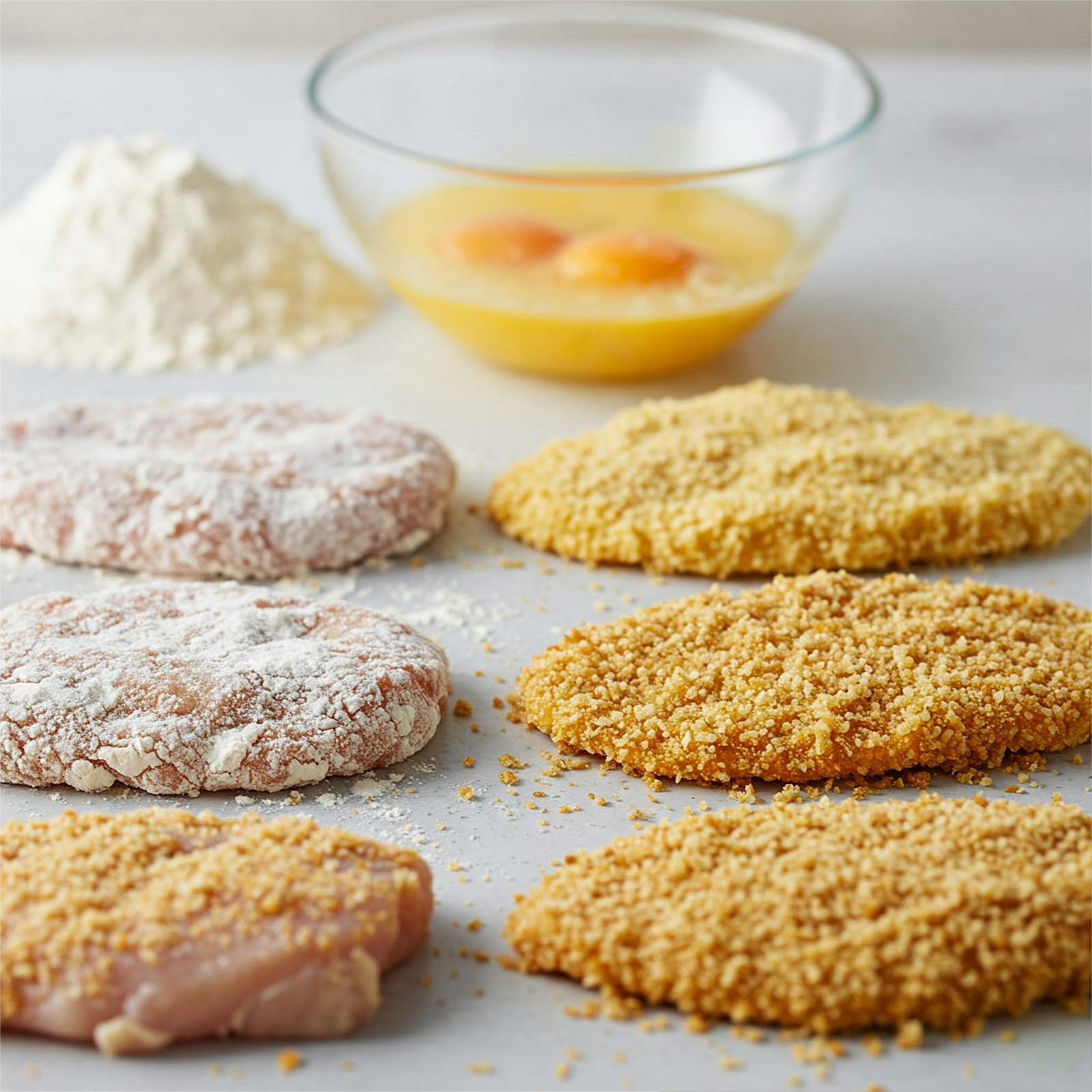 breaded  chicken cutlets placed on a table top ready to being fried