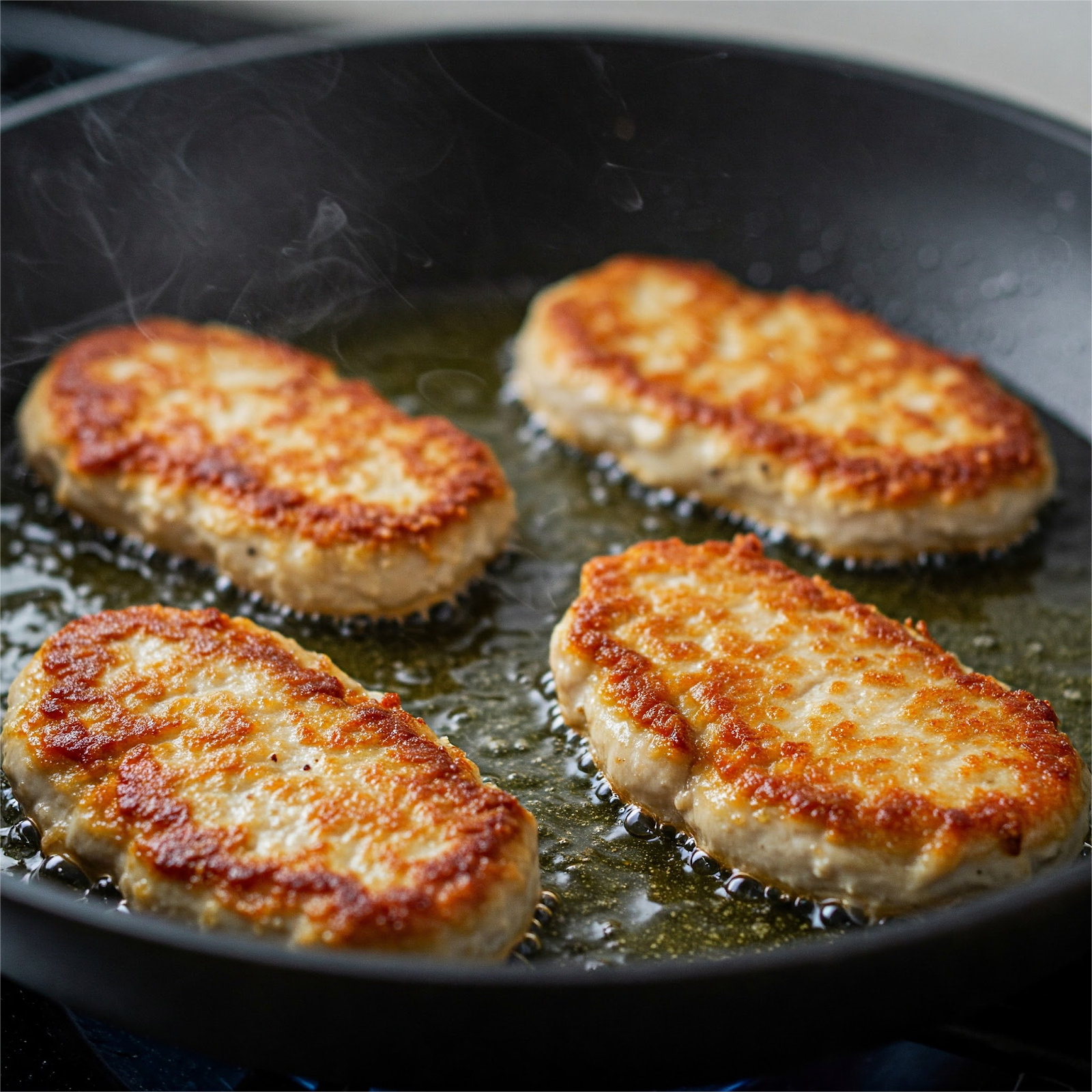 breaded chicken cutlets being fried in a pan filled with oil