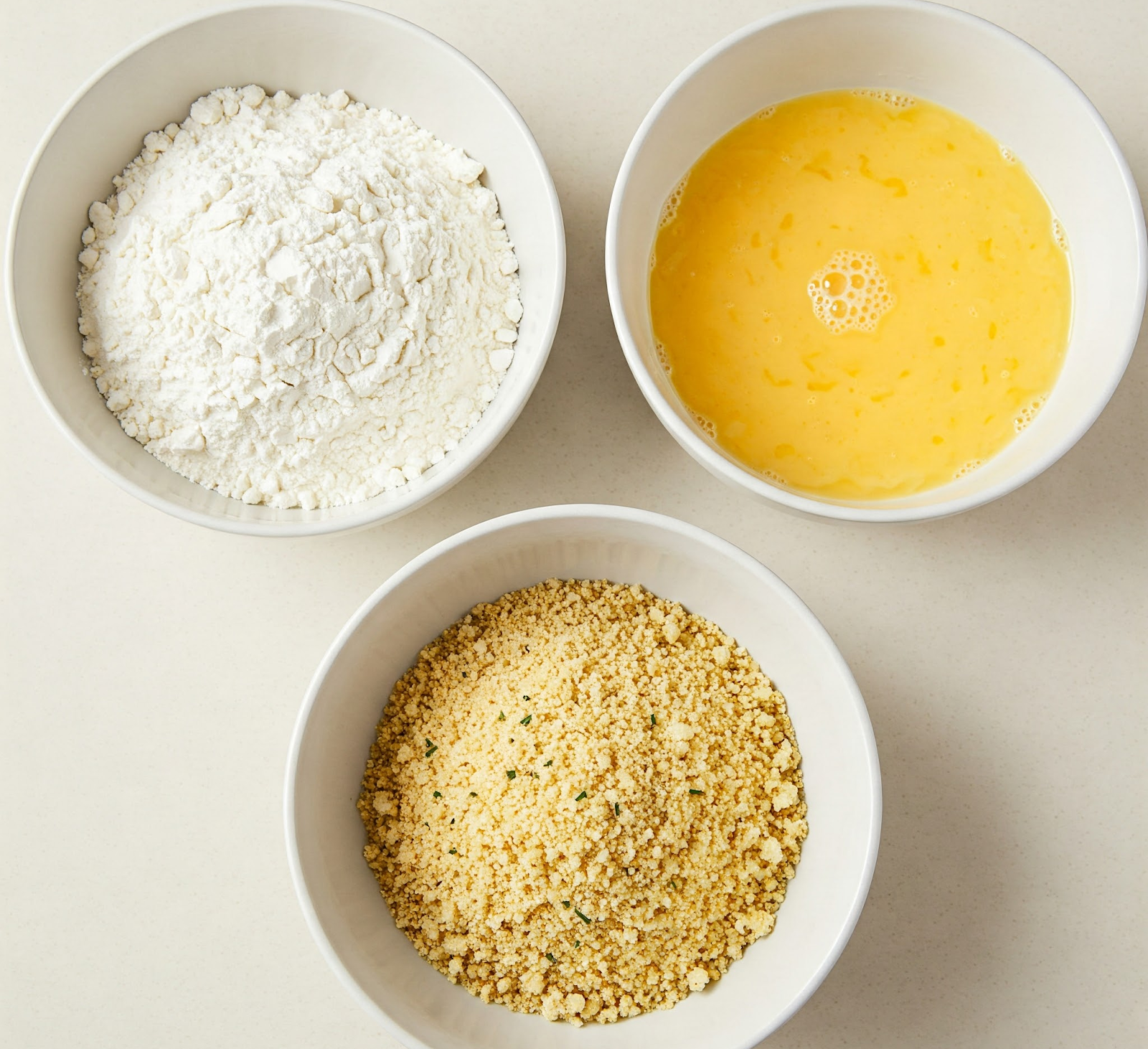 on a white table top, 3 bowls are displayed one filled with flour, second with beaten eggs and third with breadcrumbs mixed with parmesan
