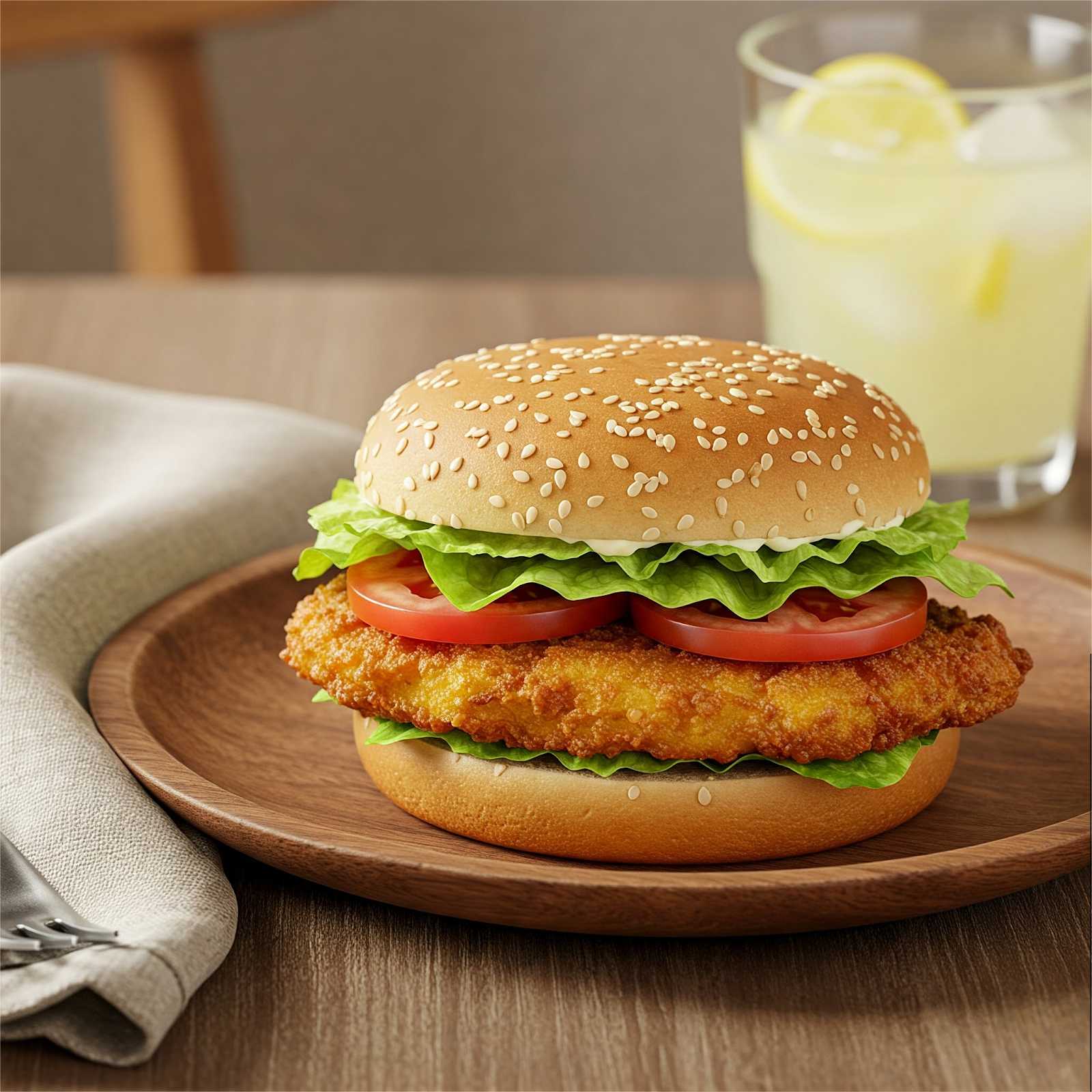 Classic Chicken Cutlet Sandwich with Lettuce and Tomato being served in a wooden plate