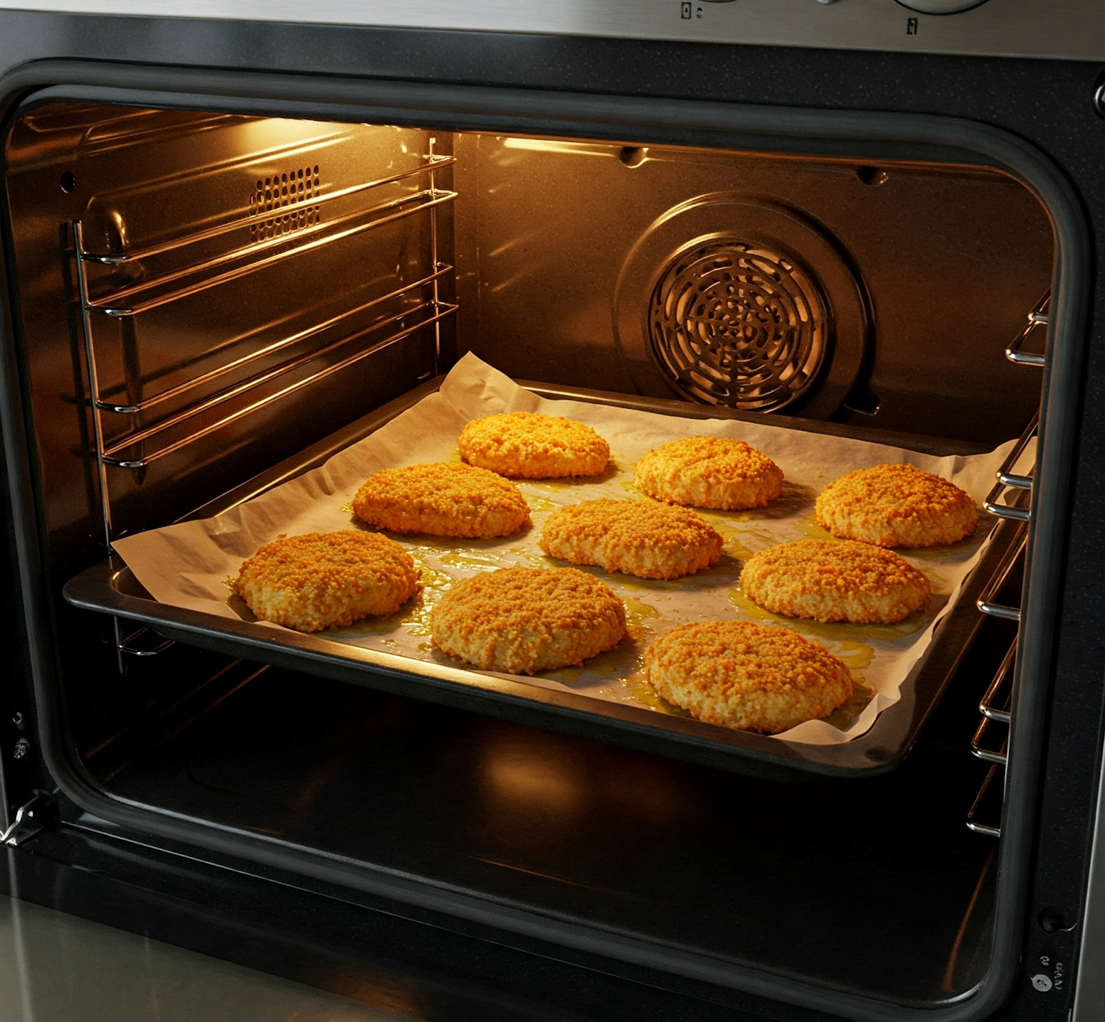 breaded chicken cutlets placed on a parchment paper in a baking tray kept in the oven to get baked.