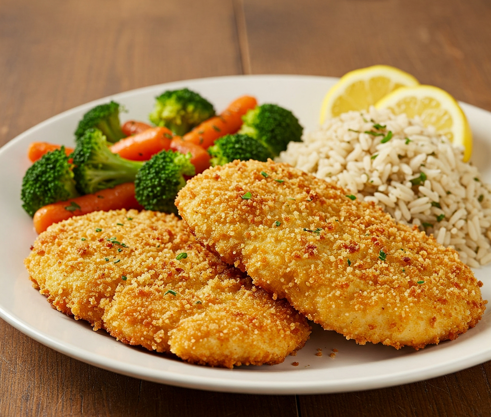 baked chicken cutlets being served in a white ceramic plate with some vegetables, rice and lemon wedges
