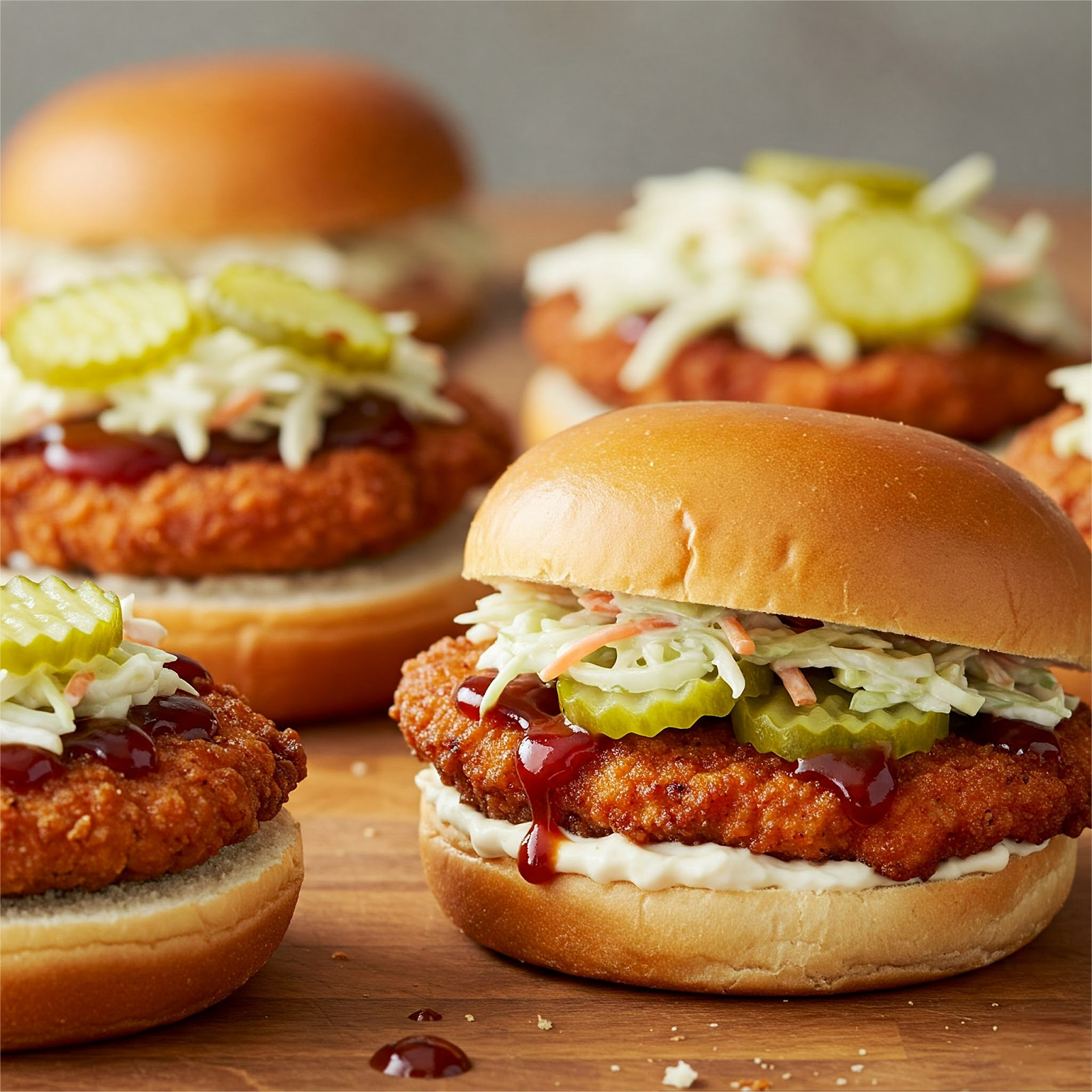 BBQ chicken cutlet sandwich with tangy coleslaw placed on a wooden board. 