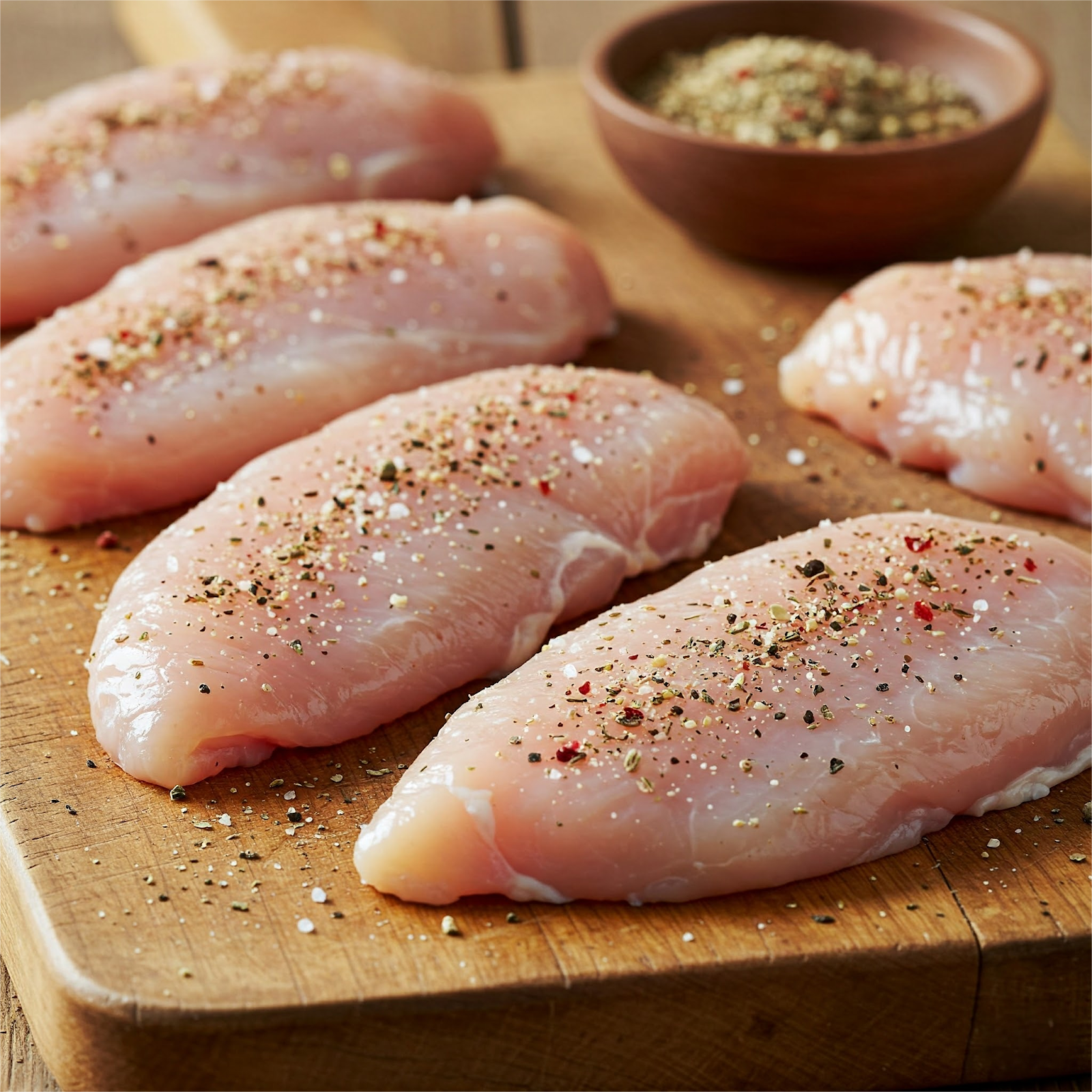 raw chicken cutlets Seasoned with salt, pepper, and garlic powder.