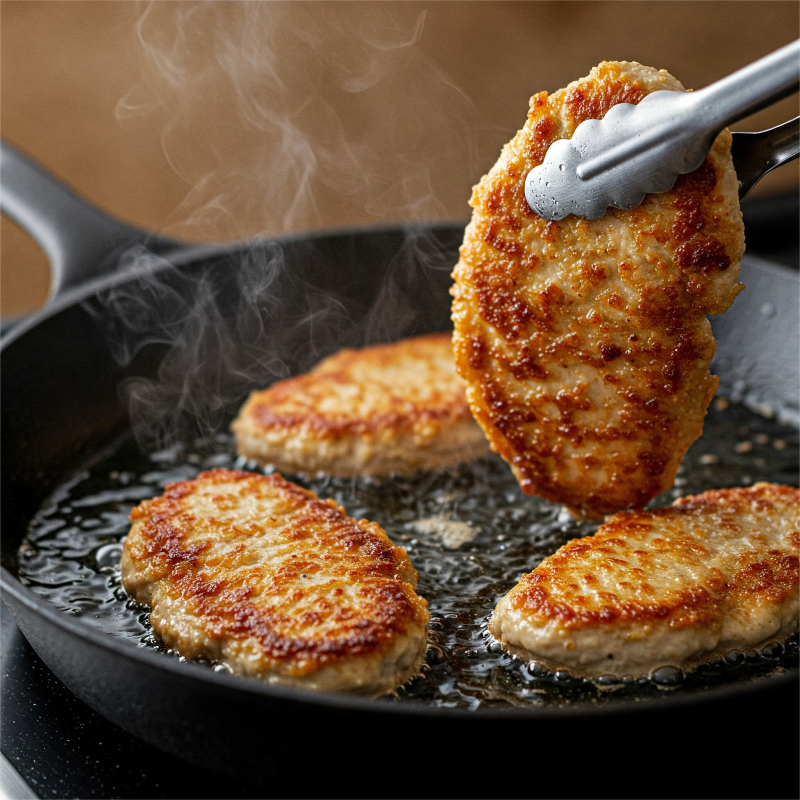 frying breaded chicken cutlet in a pan filled with oil