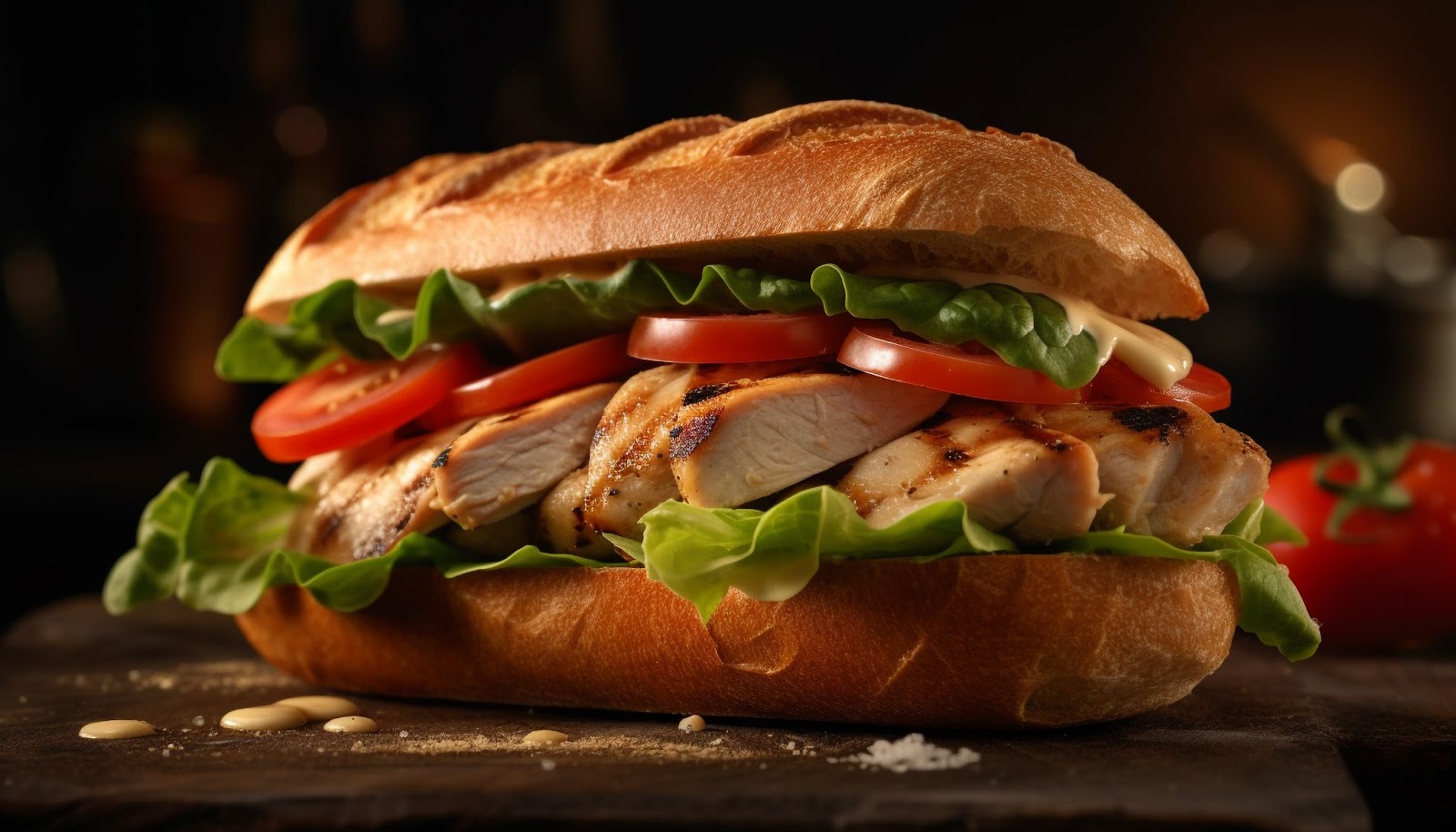 Ciabatta sandwich placed on wooden table top