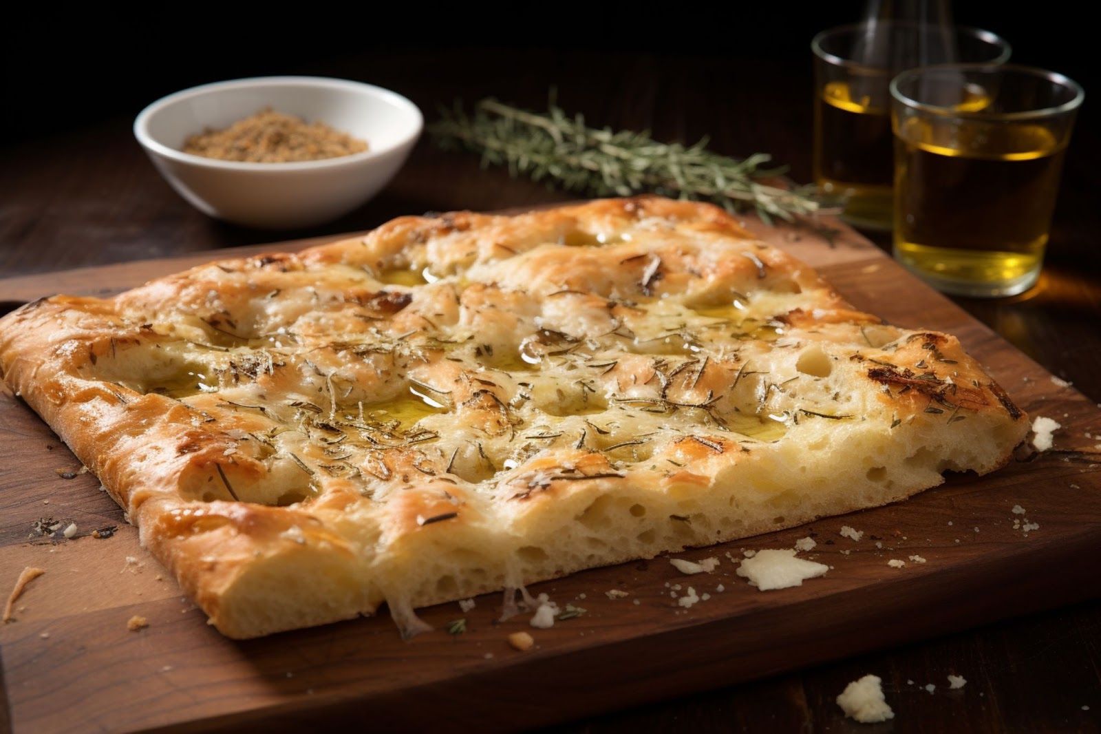 Focaccia bread placed on a wooden board seasoned with herbs