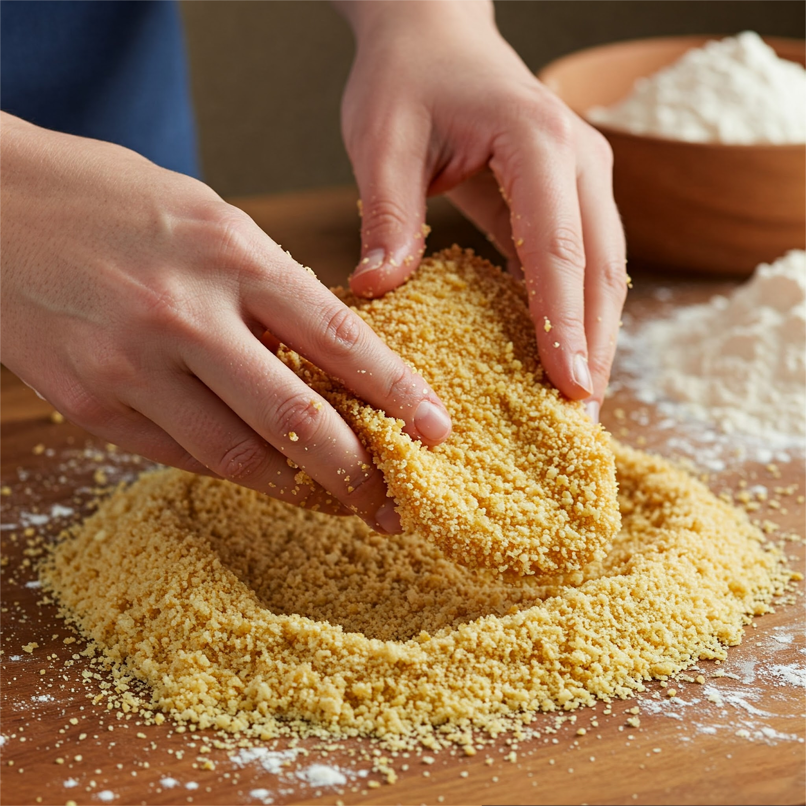 on a wooden table, breading chicken cutlet with bread crumbs along with flour on the side.