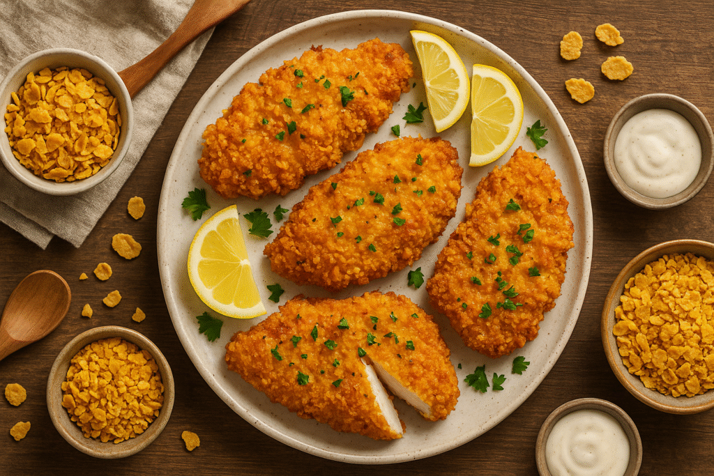 Baked chicken cutlets with a golden cornflake crust, garnished with lemon and parsley, served on a plate with crushed and whole cornflakes scattered nearby. Ask ChatGPT