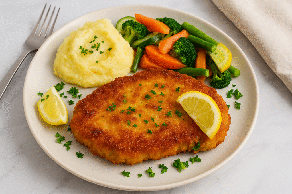 a plate of German Pork Schnitzel with a fork and knife