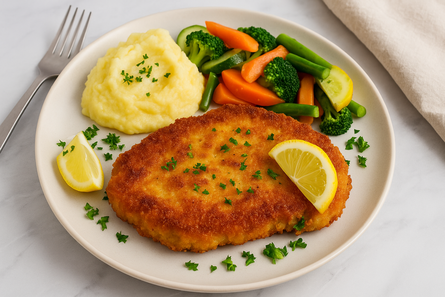 a plate of German Pork Schnitzel with a fork and knife