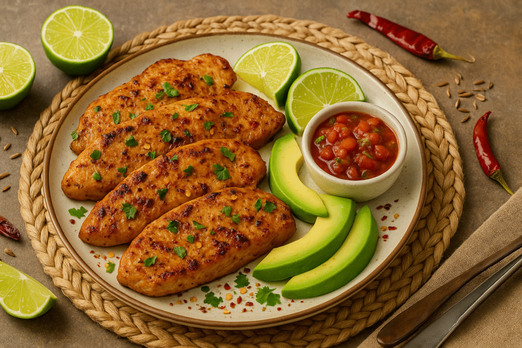 Plated Mexican turkey cutlets with chili and lime, garnished with cilantro, avocado, and salsa on a rustic table.