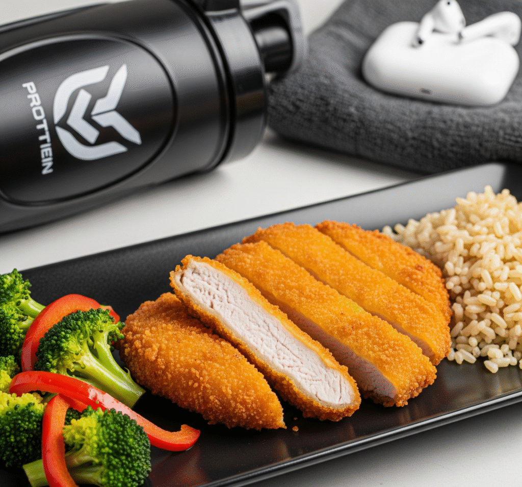 High-protein breaded turkey cutlet with veggies for gym meal.