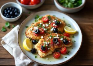 A beautifully styled plate of golden-baked Mediterranean turkey cutlets topped with sliced black olives, cherry tomato halves, and crumbled feta cheese