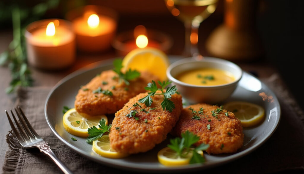 a plate of fried Sheet Pan Chicken Cutlets with lemon slices and sauce