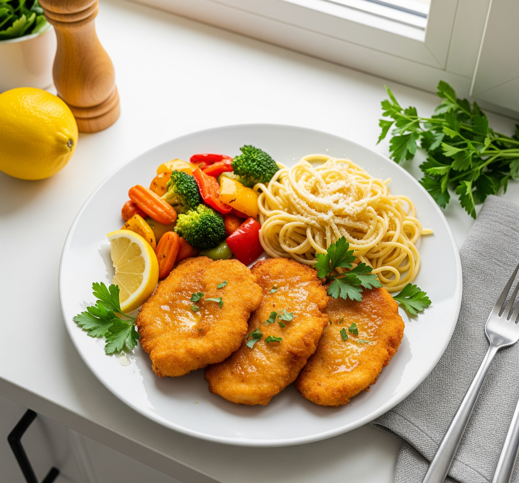 oven baked chicken cutlets in a plate salad and noodles on sides and lemon wedges