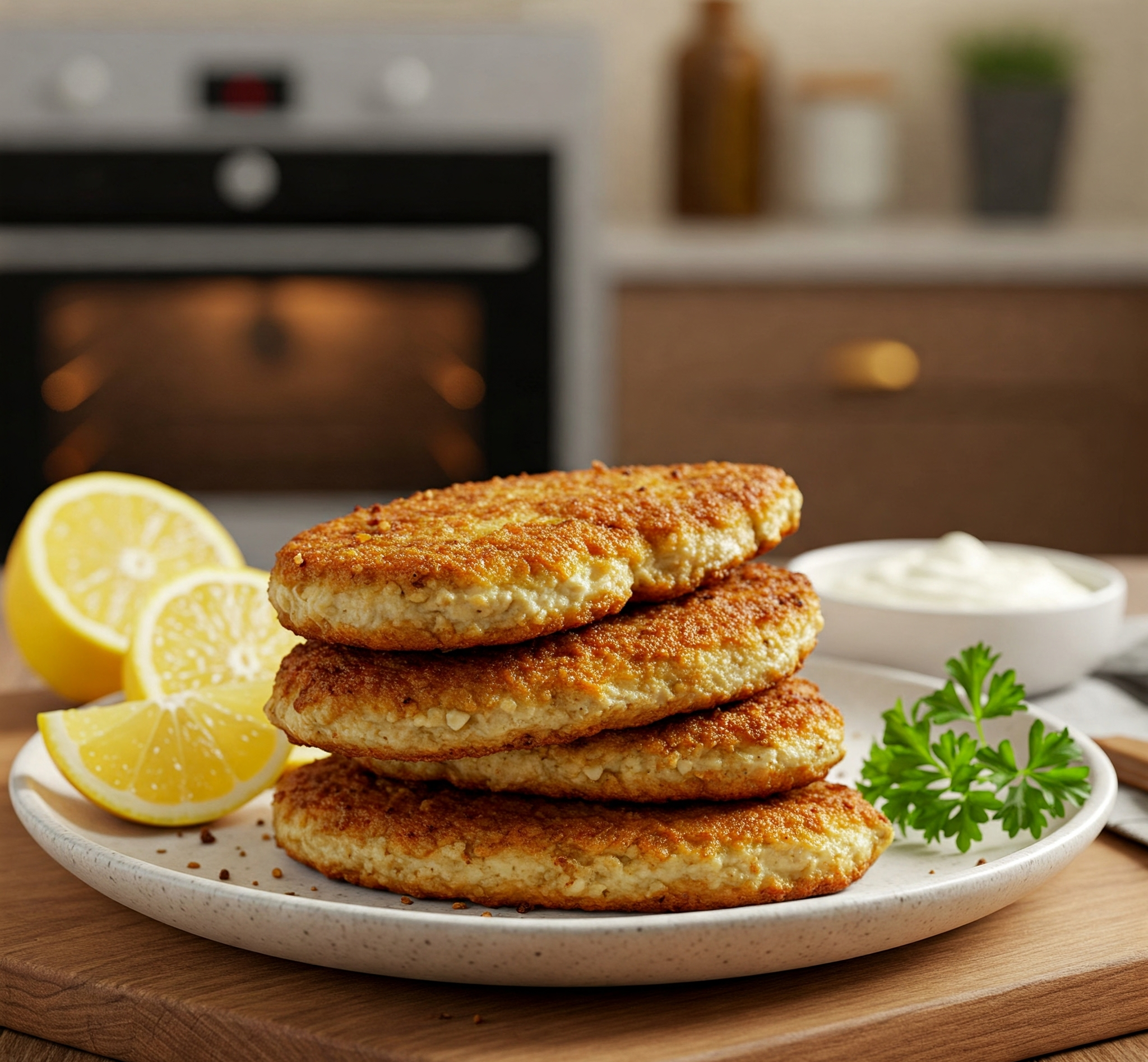 a plate of baked chicken cutlets with lemons and sauce on a wooden surface