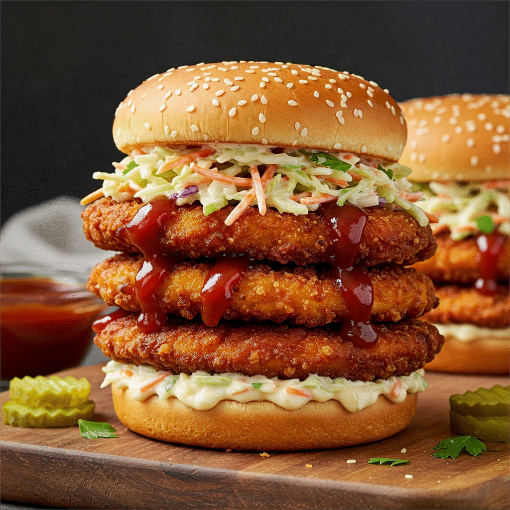 a stack of burgers with a few sauces on top