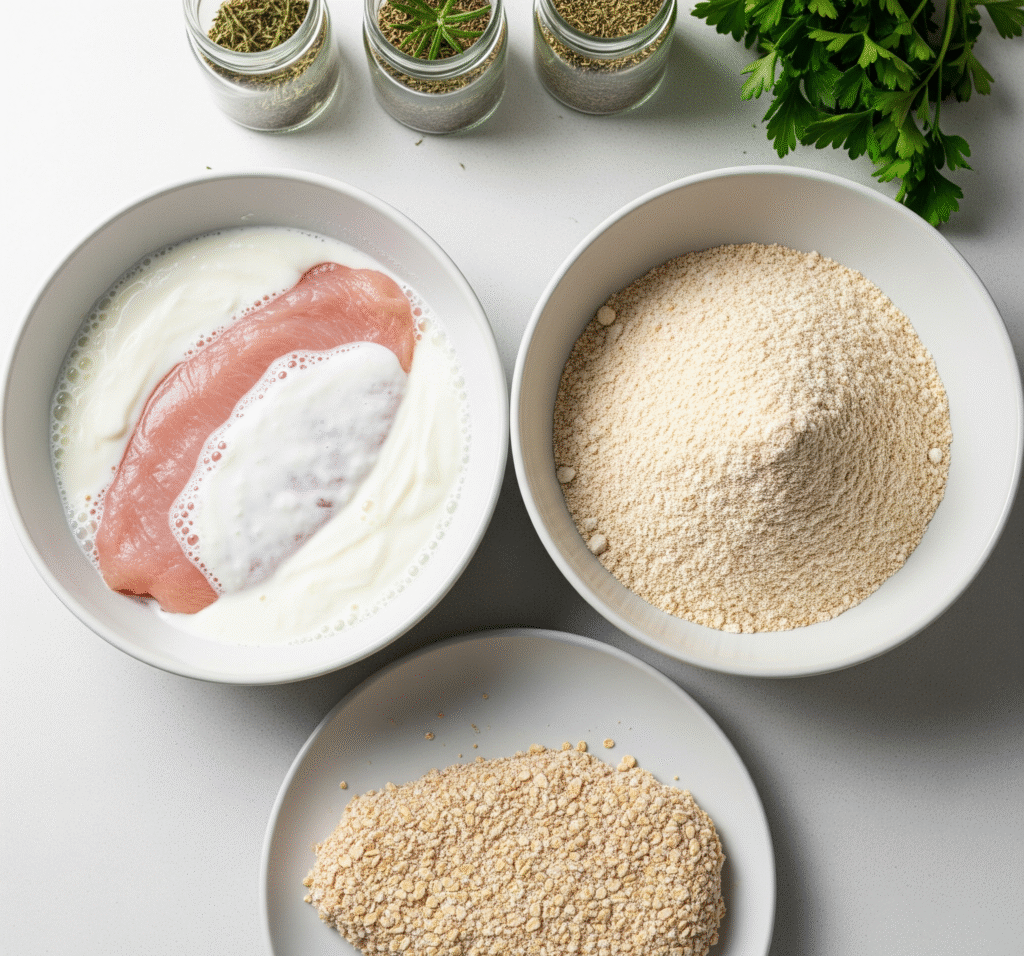Turkey cutlets beside two bowls—one with egg white and Greek yogurt mixture, the other with almond or oat flour for coating.