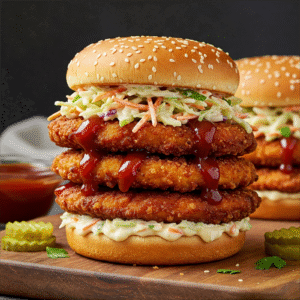 a stack of burgers with a few sauces on top