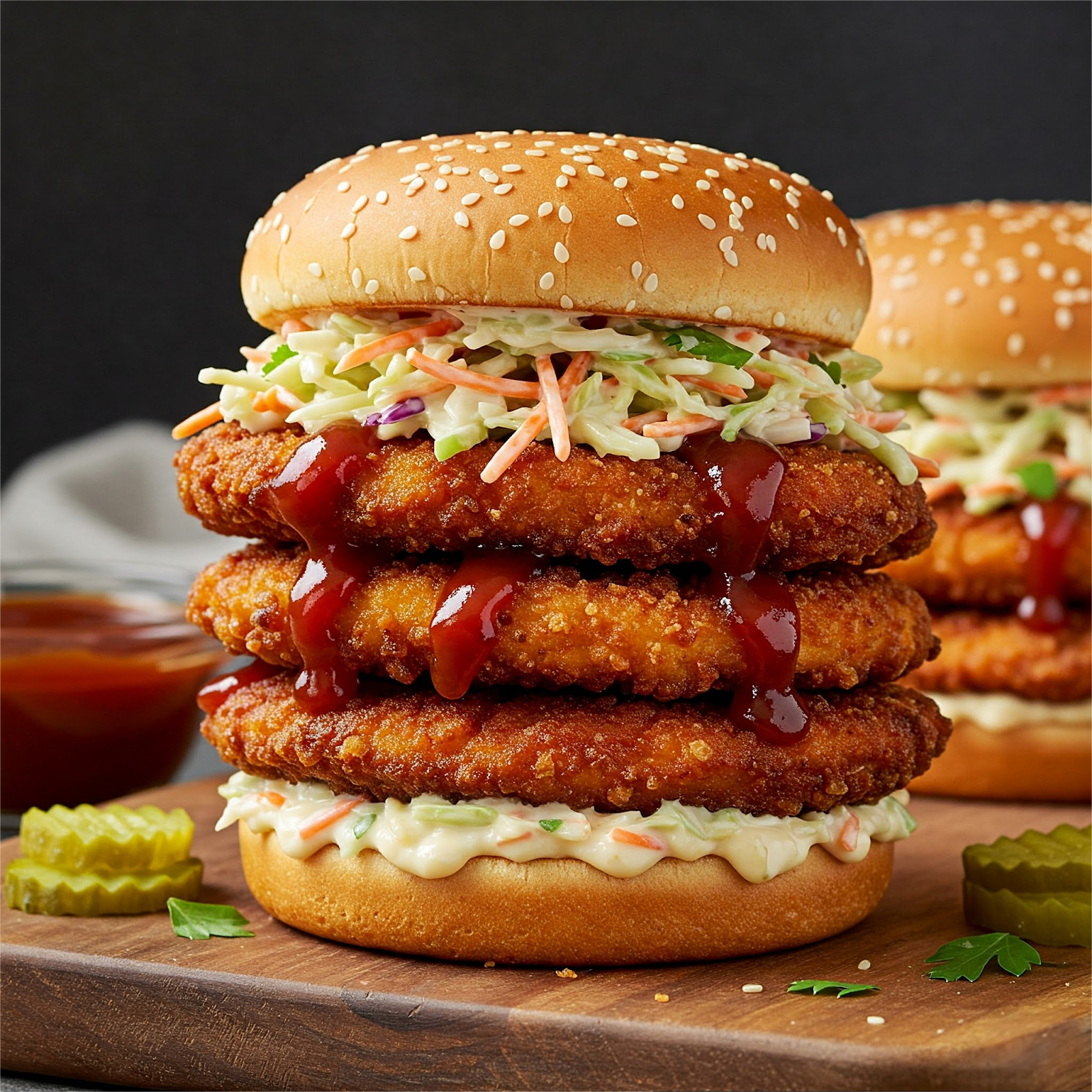 a stack of burgers with a few sauces on top
