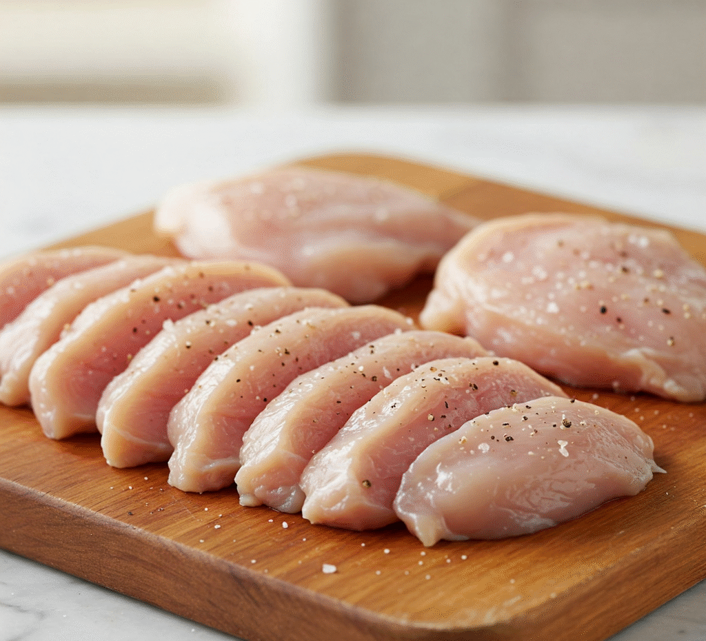 a group of raw chicken cutlets on a wooden cutting board