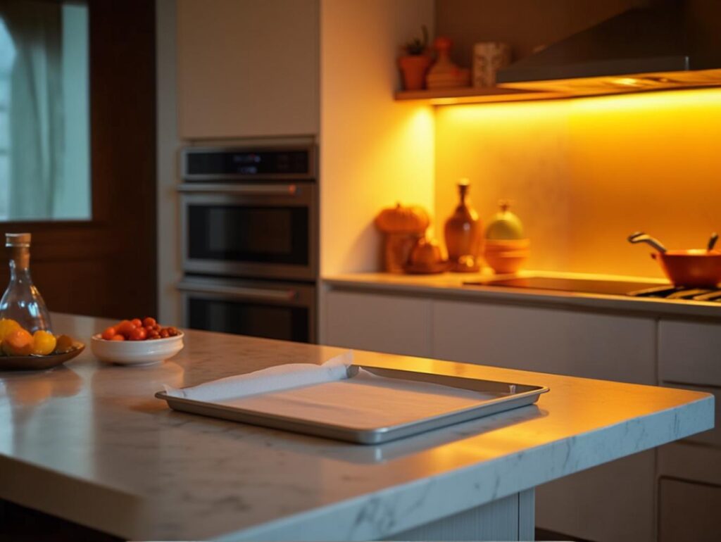 a baking sheet with parchment paper placed on a kitchen counter