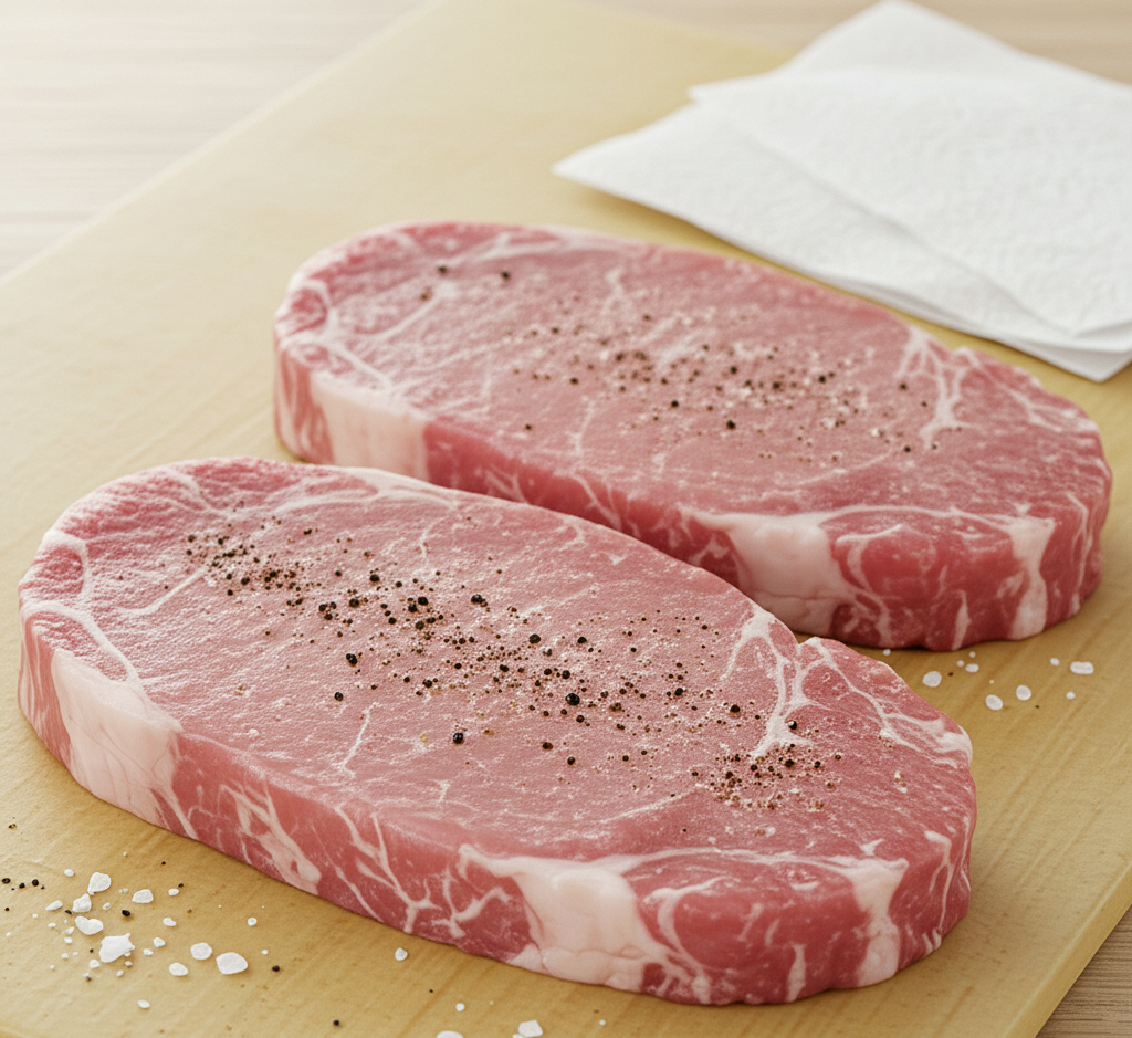 raw pork cutlets seasoned with salt and pepper on wooden board