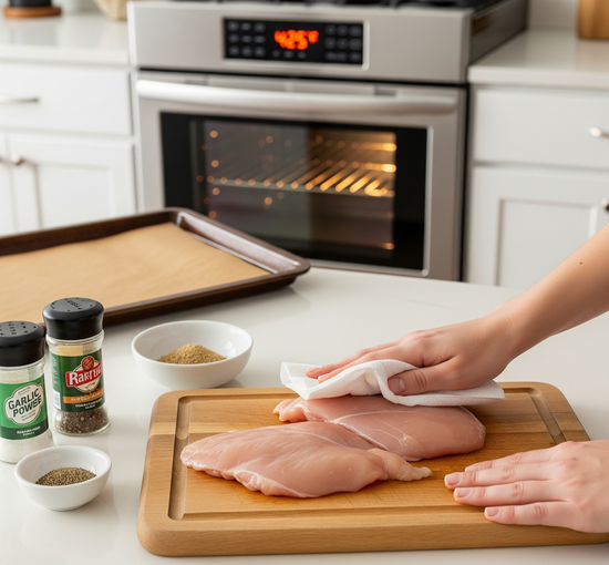 raw chicken cutlets on wooden board showing hands pat drying them