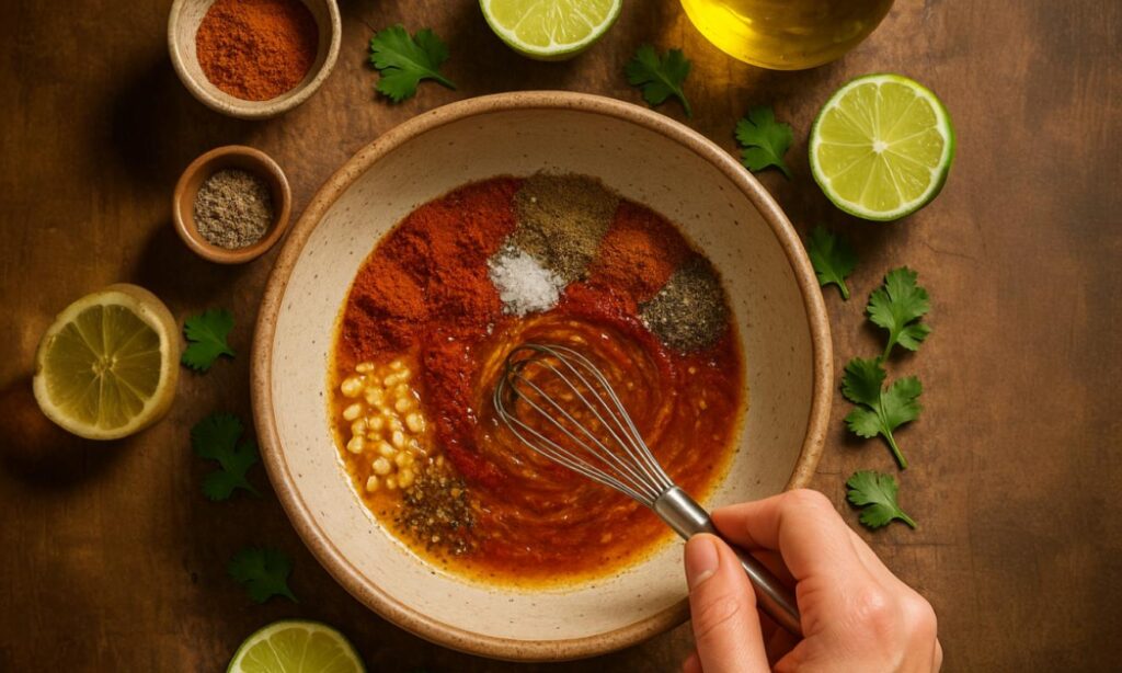 a hand whisking a mixture of spices and herbs
