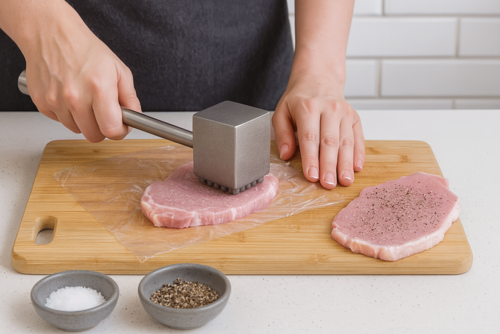 a person using a hammer to press pork cutlet on a cutting board