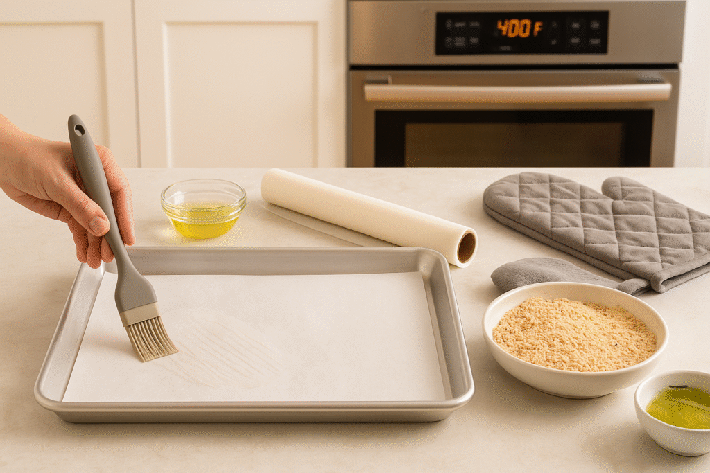 Baking sheet lined with parchment paper on a kitchen counter, oven preheating in the background.