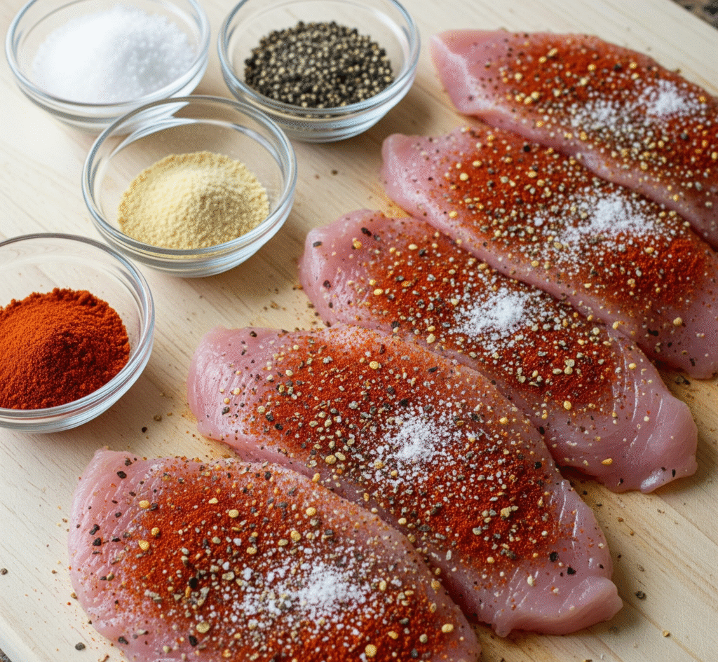 Raw turkey cutlets on a counter top seasoned with salt, pepper, garlic powder, and paprika.