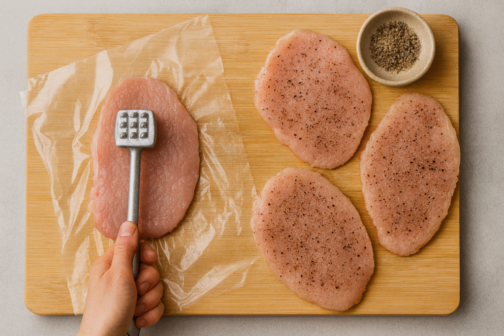 Raw pork chop being pounded with a meat mallet and seasoned with salt and pepper on a cutting board.