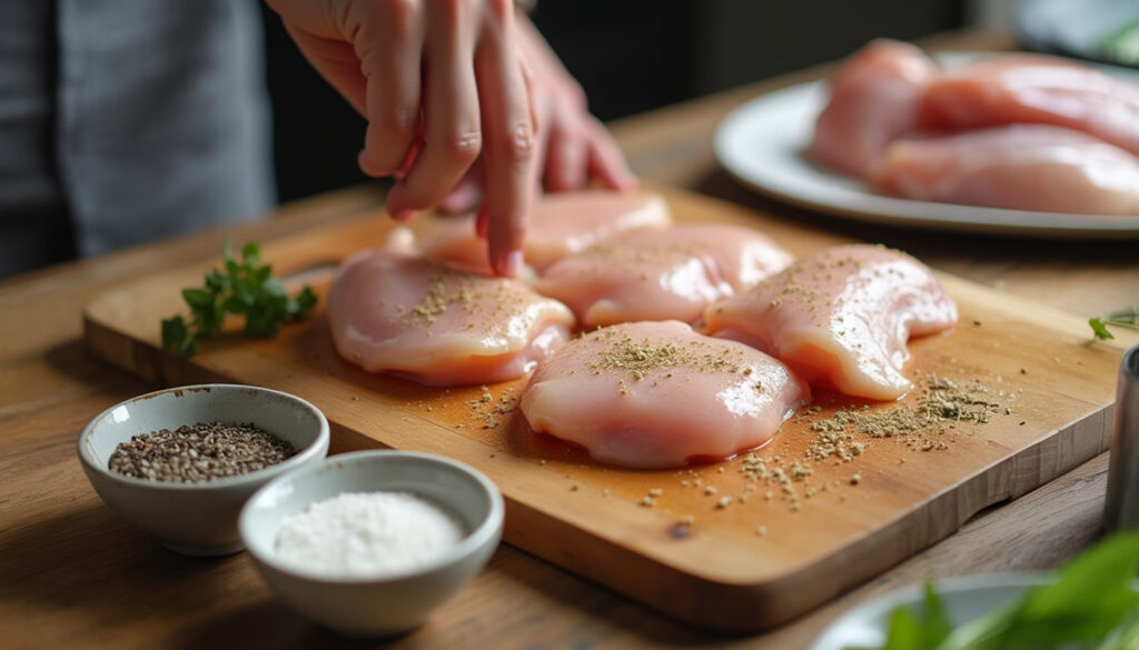 a person's hand over a cutting board with raw chicken being seasoned with pepper and salt