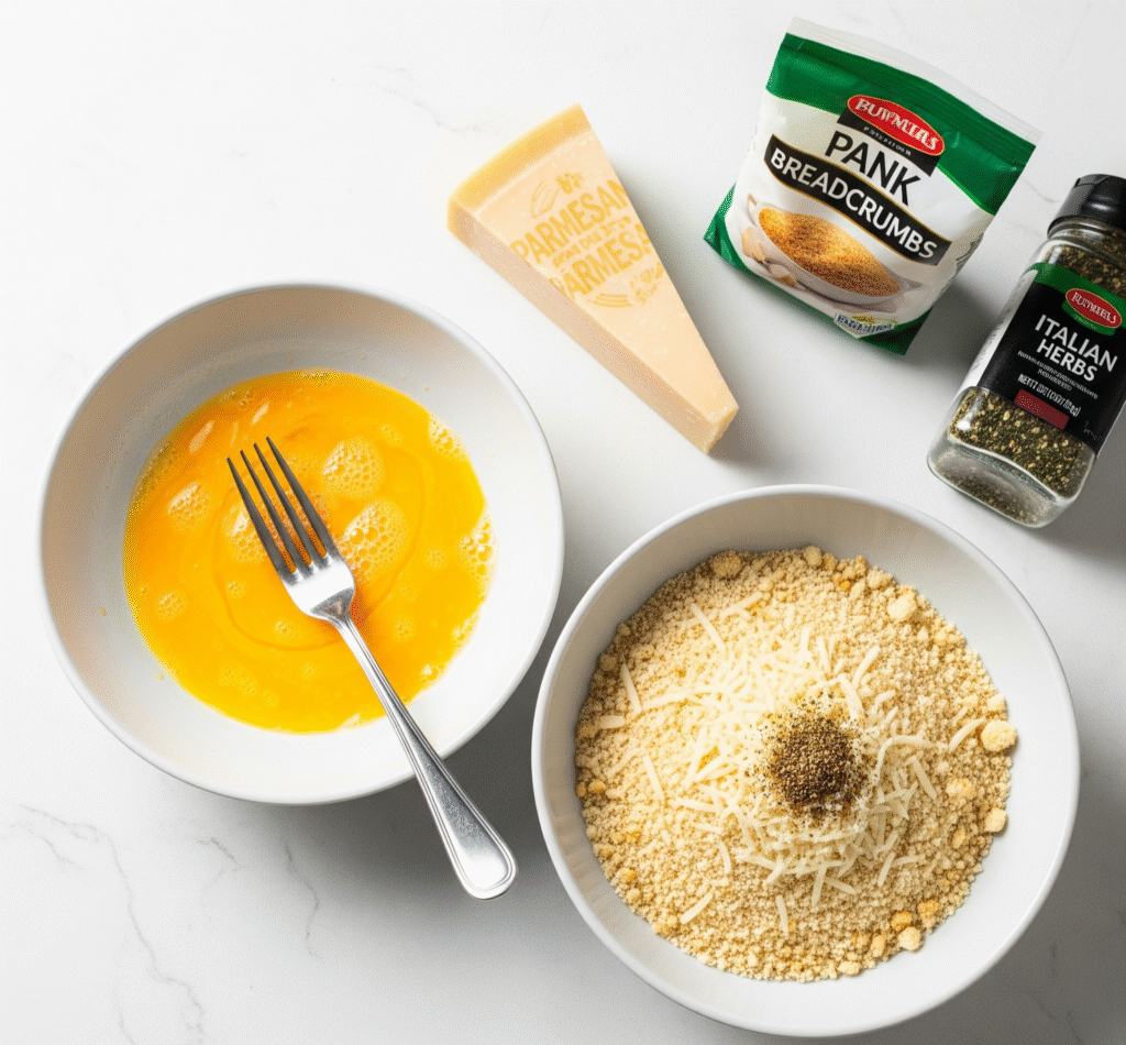 2 bowls on a white counter one filled with whisked egg another with bread crumbs. with cheese on side