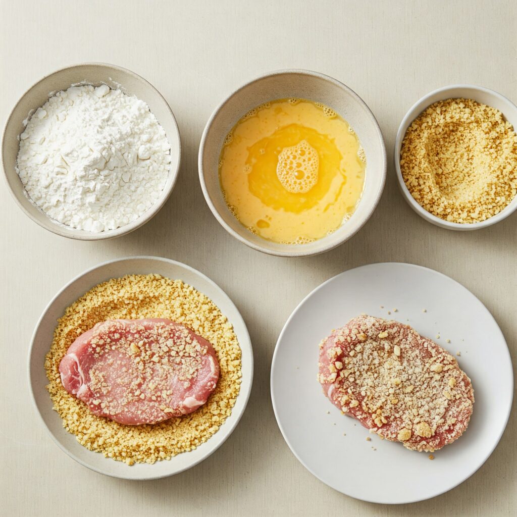 A breading station with three shallow dishes: one with flour, one with beaten eggs, and one with panko breadcrumbs. Along with breaded cutlets in separate dishes